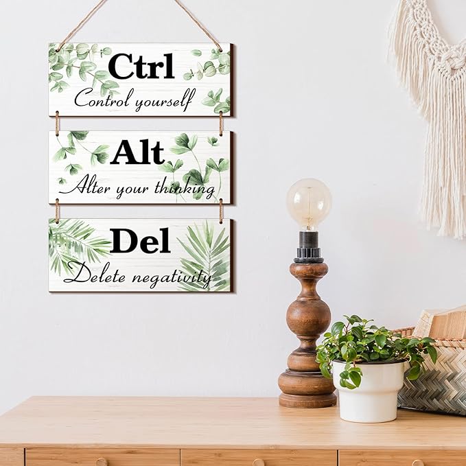 Qunclay 3 Pcs Office Wall Decor Green Leaves Wood Rustic Hanging Cubicle Decor Summer Inspirational Ctrl Alt Del Sign Decoration for Bathroom Indoor Home Living Room