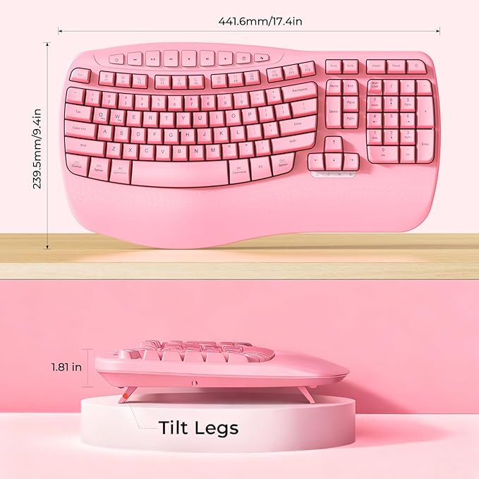 MEETION Wireless Ergonomic Keyboard, Wave Keys Wrist Rest for Natural Typing, 2.4G USB-A Cordless Receiver and USB-C Adapter, Ergo Computer Keyboard Compatible with Windows/Mac/PC/Laptop, Pink
