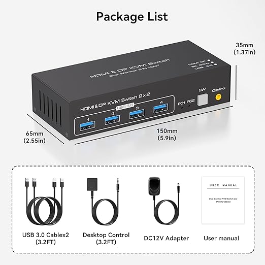 HDMI+Displayport KVM Switch 2 Monitors 2 Computers 8K@60Hz KVM Switcher for Two PC Share Dual Monitors and 4 USB 3.0 Ports Support Extended/Copy Mode with Desktop Controller&2 USB Cables