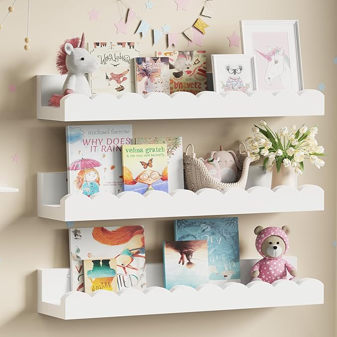 3-Pack Scalloped Shelves, Nursery Shelves for Wall, Floating Nursery Book Shelves for Kids, White