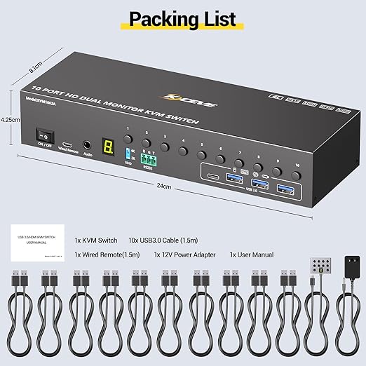 10 Port HDMI KVM Switch 2 Monitors 10 Computers 4K@60Hz EDID Simulation,Dual Monitor KVM Switch with 4 USB 3.0 Ports for Keyboard Mouse Printer,Audio RS232,with Controller,12V Power and 10 USB Cables