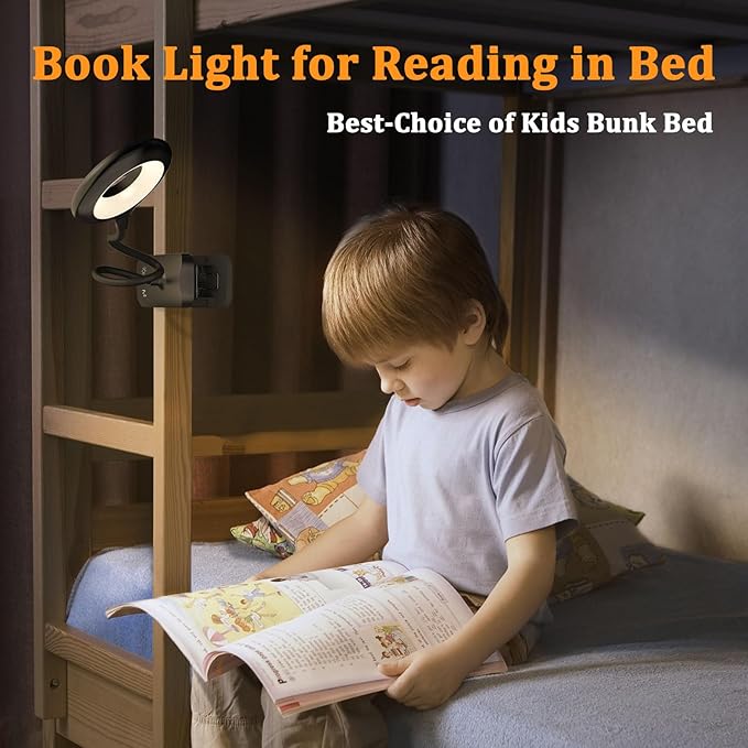 2 Pack Clip on Reading Light for Bed Headboard, Battery Rechargeable Large Clamp Bed Lamp - 5 Colors 5 Brightness, Flexible Arm Book Light at Night for Kids Bunk Desk Metal Bed Frame