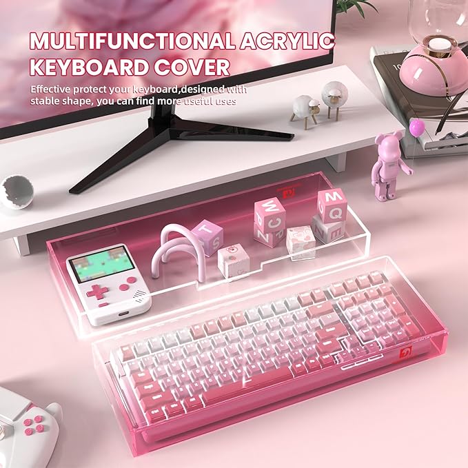 ZIYOU LANG KC04 Acrylic Clear Transparent Keyboard Cover(17.4*6.5*1.89’’) with Dustproof Waterproof Anti-hit Anti-cat Protective Case for Compact Layout 94/96/98Key Mechanical Gaming Keyboard(Pink)