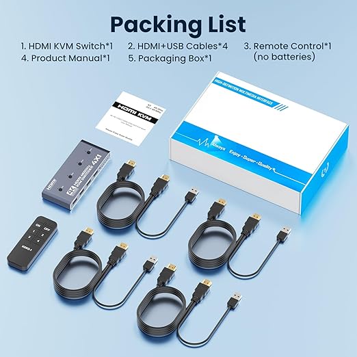 HDMI KVM Switch 4 Computer, 4 Port HDMI USB Switch for 4 Computer Share a 4K@60Hz Monitor and 4 USB Devices, Keyboard, Mouse, Printer, Includes 4 KVM Cables & Remote Controller (no Batteries)