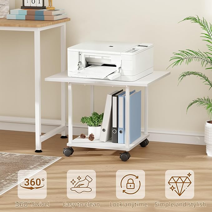 BEWISHOME 2-Tier Industrial Mobile Printer Stand, Rolling Cart with Storage Shelf, Lockable Wheels, for Home, Office (White) BDZ01W