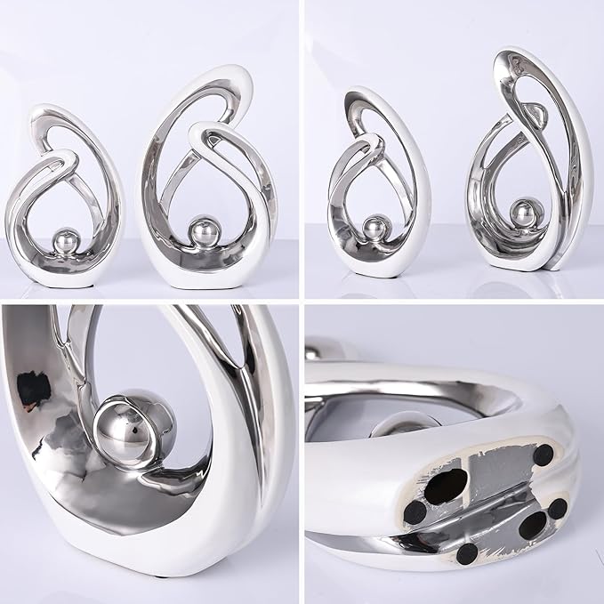 Silver Ceramic Home Decor, Ceramic Abstract 2 Piece Set, Mid-Century Modern Art Decor and Accessories, Living Room Coffee Table Dining Table Center Foyer Entry Table Decoration