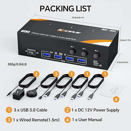 KCEVE 8K KVM Switch 3 Monitors 3 Computers Displayport HDMI, USB 3.0 KVM Switch Triple Monitor 4K@144Hz 8K@60Hz for 3 Computers Share Keyboard Mouse, Wired Remote(8K HDMI DP 3 in 3 Out KVM)