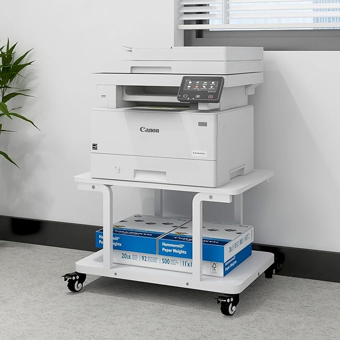 Natwind 2 Tier Laser Printer Stand,24''x20''x15'' Large Printer Table Copier Stand Under Desk,Heavy Duty Rolling Cart with Paper Storage Shelf,Printer Holder on Wheels for Home Office (White)