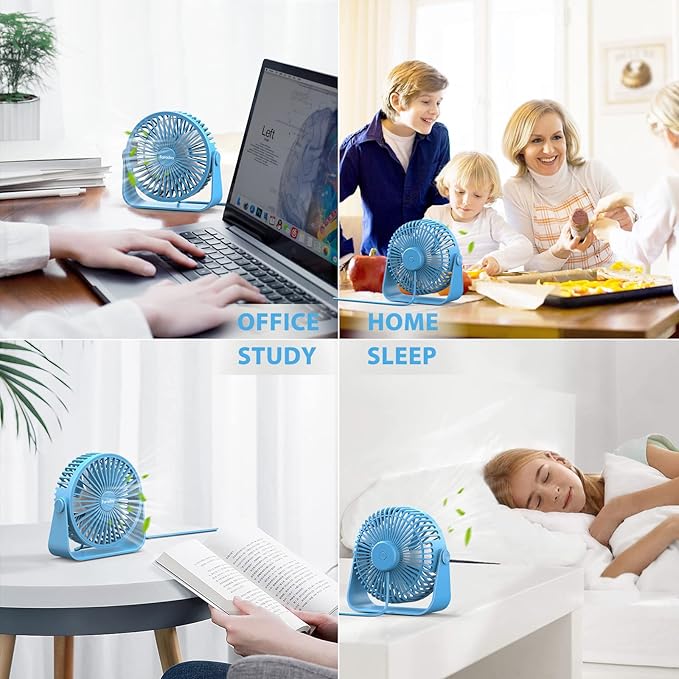 FARADAY USB Desk Fans 5 Inches Portable Table Fans 360° Head Rotation Small Personal Desktop Fan for Home Office, 3 Speeds, Blue
