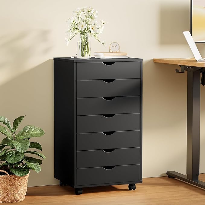 7 Drawer File Cabinet, Under Desk Storage Organization with Wheels, Mobile Filing Chest for Small Desk Printer Stand for Home Office, Black