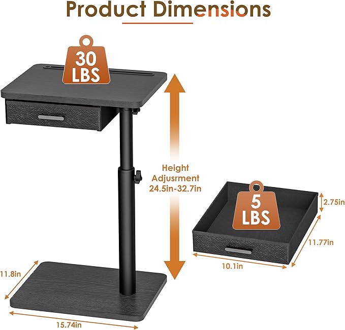 TV Tray with Drawer & Device Slot, Swivel Height Adjustable bedside table, Sofa Side Table for Eating, C Shaped Couch Table for Living Room & Bedroom, Portable Snack End Table for Couch & Bed, Black