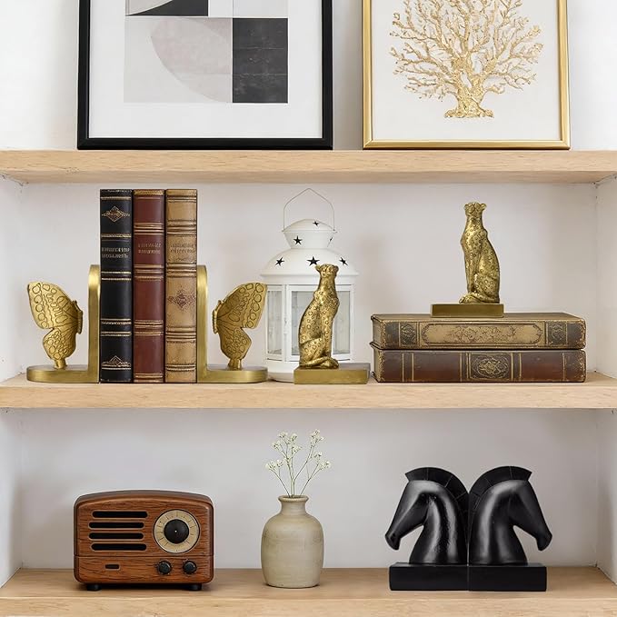 Black Butterfly Book Ends for Shelves, Butterflies Statue Decorative Bookends for Heavy Books, Resin Book Ends with Non-Slip Felt Base for Home Farmhouse Shelves Office Lover Gift
