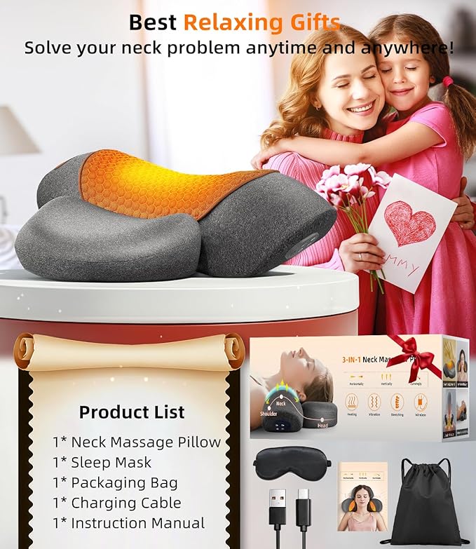 Upalled Cordless Heated Neck Massager Pillow for Pain Relief Deep Tissue, 3-in-1 Rechargeable Neck Cervical Traction Device with Heat, Massage, Electric Stretch, Ergonomic Neck Shoulder Relaxer, Grey