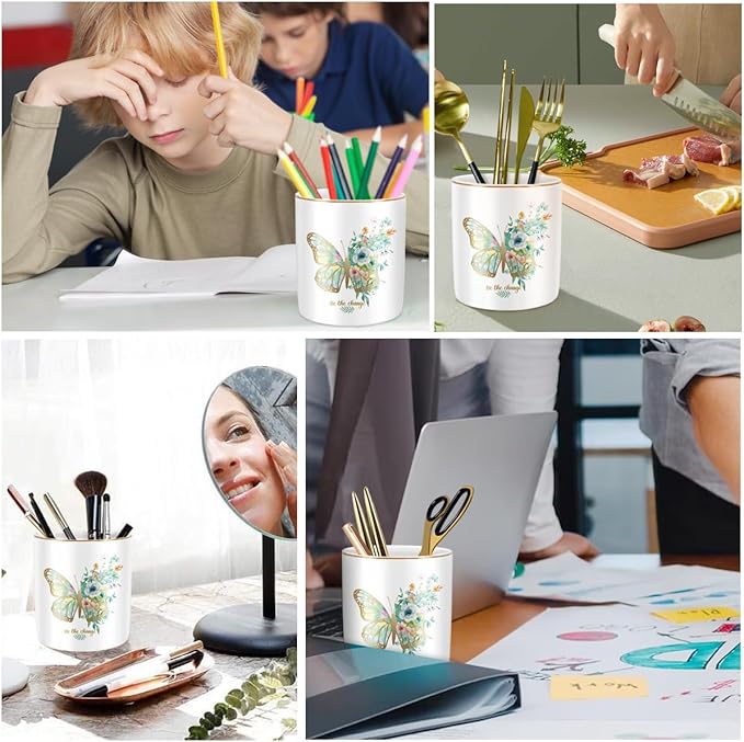 WAVEYU Cute Pen Holder for Desk, Ceramic Durable Pencil Cup, Simple&Modern Style Makeup Organizer, Multifunctional Office Supplies for Home, Kids and School, Butterfly Pattern