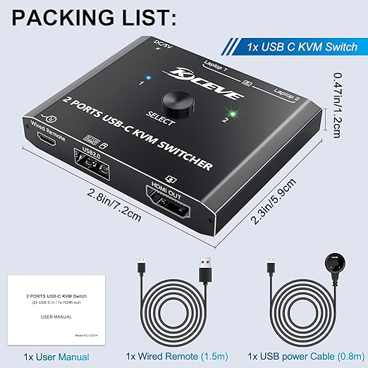 USB C KVM Switch 4K@60Hz,MLEEDA KVM Switch USB C for 2 Laptops Share Single HDMI Monitor and Keyboard Mouse,Compatible with Windows,Mac OS,Wired Remote and USB Power Cord Included