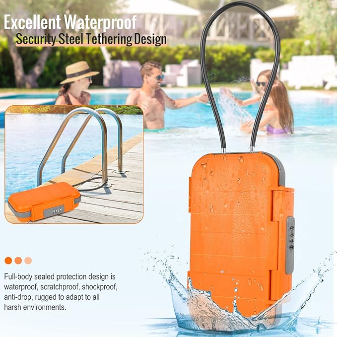 HUANLANG Portable Safe Lock Box with Combination Lock Mini Beach Travel Safe Waterproof Small Lockable Box with Removable Wire Rope Combination Safe Box for Dorm,Travel,Beach,Hotel,Car,Home,Office