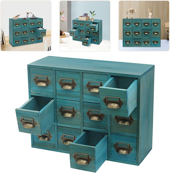 12 Drawer Drawers Storage Cabinet, Wooden Medicine Cabinet Desktop Drawer Organizer Herb Storage Box with Solid Wood Build & No Assembly for organize spices medicines jewelry cosmetics(Blue)