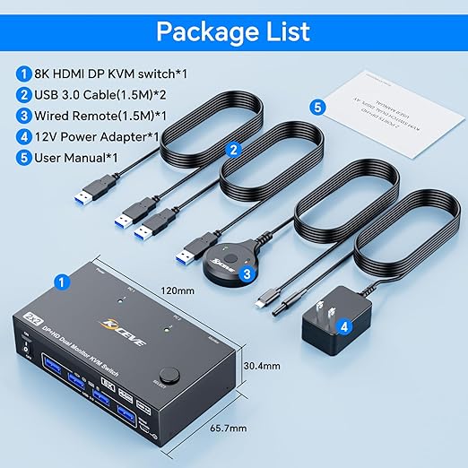 8K@60Hz HDMI Displayport KVM Switch 2 Monitors 2 Computers,USB 3.0 KVM Switch Dual Monitor for 2 Computer Share 2 Monitor and 4 USB Ports,with Wired Remote,12V Power Adapter and USB Cables