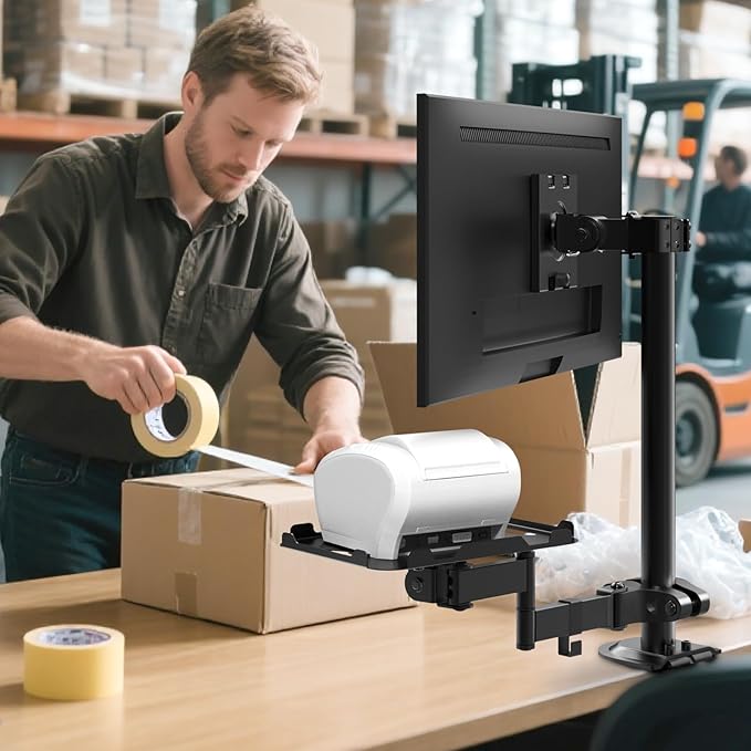 PUTORSEN Adjustable Pole Mount Printer Stand,Printer Pole Mount with 7.2x9.2 Inch Storage Tray for Thermal Printers, Full Motion Arm Holds 11 lbs, Fits 1.1-2.36 Inch Tube Diameters