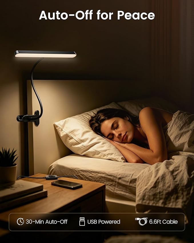 Glocusent 7W Horizontal Clip on Light, 57LED Eye Caring Reading Light, 5 Brightness & 3 Colors with Amber Mode for Bedside Reading, 2.75" Clamp & 30Min Timer, USB Powered Clip on Lamp for Work, Craft