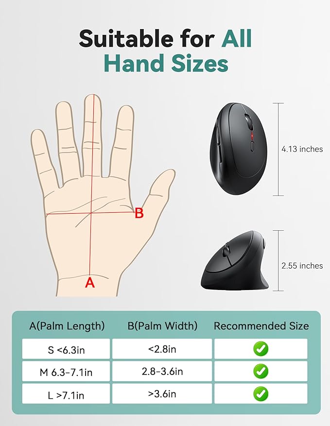 TECKNET Ergonomic Mouse, 4800 DPI Wireless Vertical Mouse, 5 Adjustable DPI Levels, 6 Buttons, 2.4G Silent Wireless Mouse for Laptop, PC, Chromebook, Mac - Dark Grey