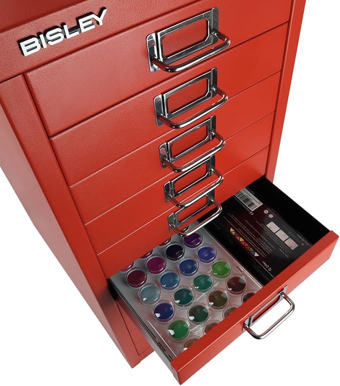 Bisley 10-Drawer Steel MultiDrawer Cabinet - Cardinal Red, Chrome Pull Handles with Label Holders, Powder-Coated Steel, Removable Drawers, Fits Under Most Desks, Labels Included