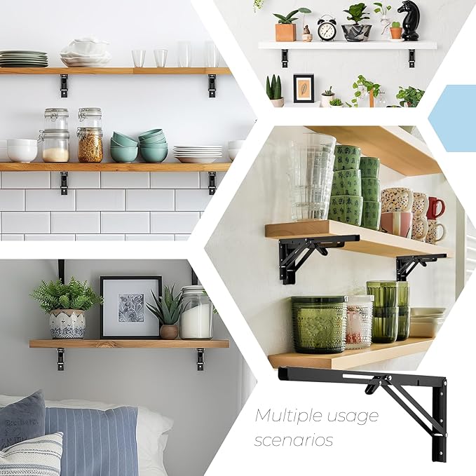 Home Expert 20 Inch Folding Shelf Brackets, 6 Pack (3 Pairs) Heavy Duty Metal Collapsible Wall-Mounted Brackets, Space-Saving DIY Foldable Shelf for Benches and Tables, Matte Black