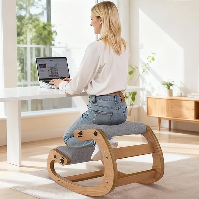 Ergonomic Kneeling Chair with Wooden Frame - Adjustable Height Office Chair with Soft Padding for Back Pain Relief, Posture Correcting Home & Office Desk Chair Wood