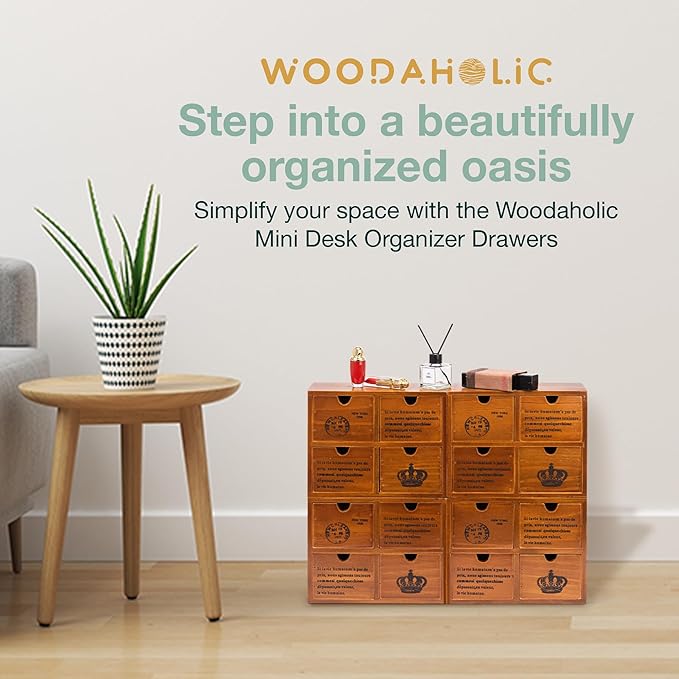 Modular Stackable Set of 4 Mahogany Brown Wood Storage Drawers for Desktop - 16-Drawer Stackable Desk Organizers - Vintage Style Office & Study Table Wooden Storage Boxes, Fully Assembled