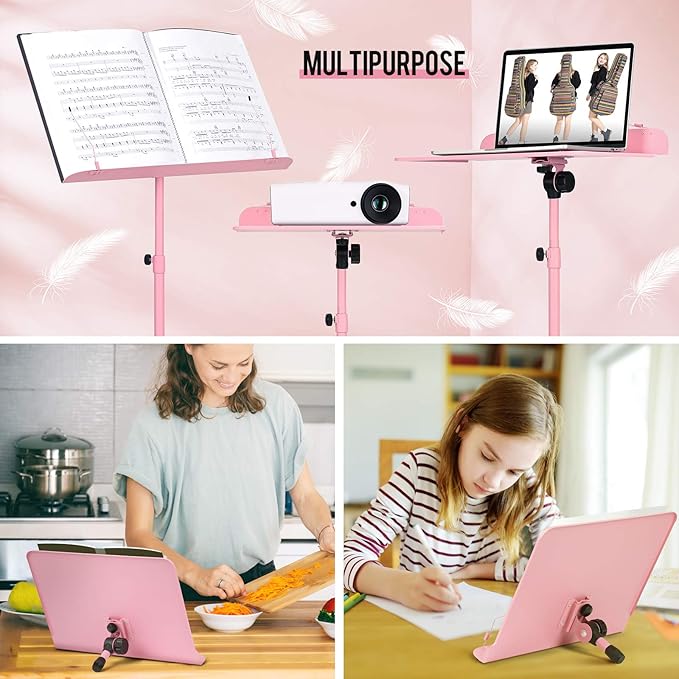 CAHAYA Sheet Music Stand & Tabletop Music Stand Solid Back with Carrying Bag for Books Notes Laptop Tablet Pink CY0194