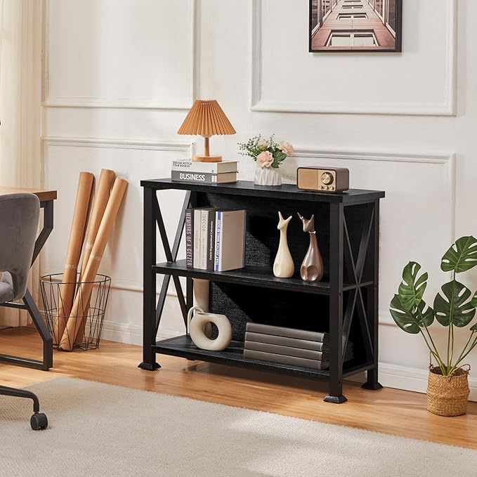 HOMBAZAAR Bookshelf,3 Tier Industrial Short Bookshelf with Metal Frame,Low Shelf Bookcase with Engineered Wood Shelves,Small Book Shelf for Living Room,Small Space and Office, Black