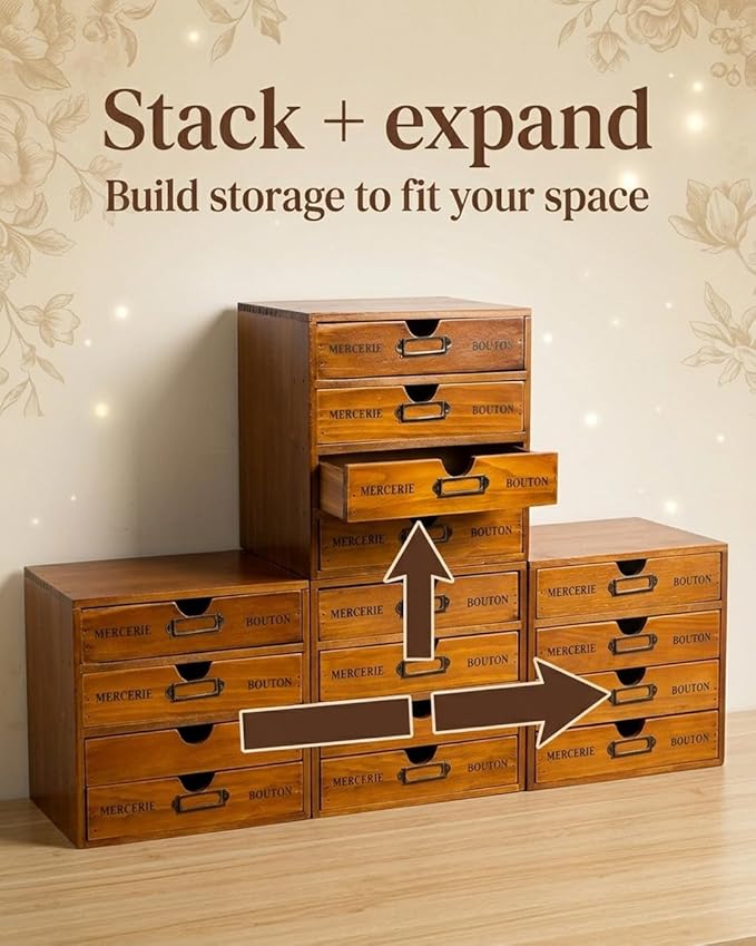 Modular Stackable Apothecary Cabinet 4 Drawer Desk Organizer - Retro Library Card Catalog Wood Storage Box - Organize Stationery, Thread Embroidery, Sewing, Crafts, Junk Drawer & Supplies Countertop