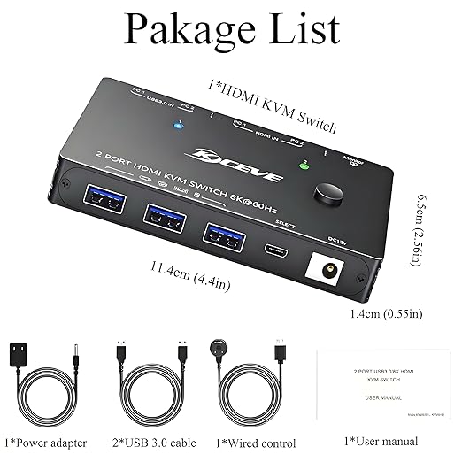 8K KVM Switch 1 Monitor 2 Computers 8K@60Hz 4K@120Hz, HDMI KVM Switch with 3 USB 3.0 Ports for 2 Computers Share 1 Monitor Keyboard Mouse Printer, with 2 USB Cables and Controller
