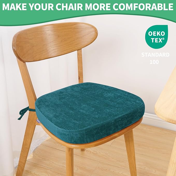 2.5" Thick Chair Cushions for Dining Chair, Corduroy High Density Foam Kitchen Chair Pads, U Shaped Indoor Seat Cushions with Ties & Non-Slip Backing, Washable Cover, 17''x16.5'', Blue