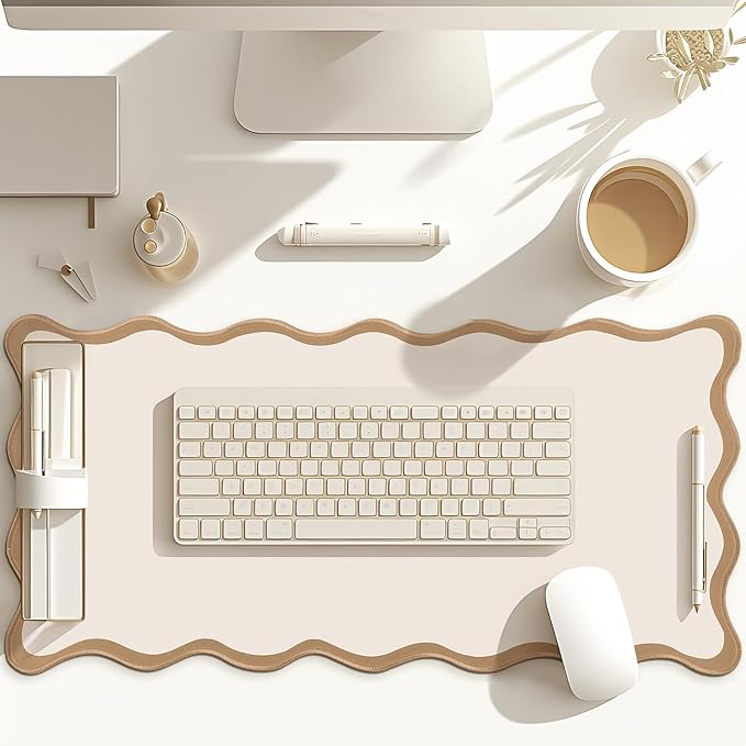 Hahafelt Scalloped Desk Mat Large Scalloped Piping Cute Desk Mat Aesthetic Preppy Table Pad Large Nonslip Pad with Edge Stitching Waterproof Gaming(Beige,23.6 x 13.8 Inches)