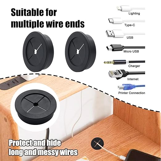 6 Pcs 40mm / 1-9/16 Inch Black Cable Cord Grommets, Rubber Desk Grommets for Table Computer Desk Wire Organizer TV Console and Other Furnitures Cover