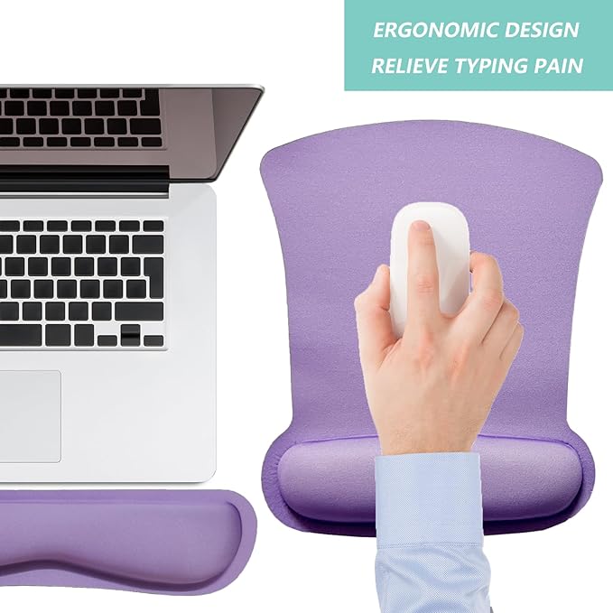 Keyboard Wrist Rest Pad Mouse Pad with Wrist Support Set of 3, Gaming Mousepad with Non-Slip Rubber Base, Ergonomic Memory Foam Mouse Cushion Support for Home Office Laptop Computer, Purple