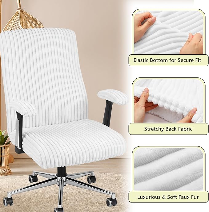 Tegeme Set of 4 Faux Fur Office Chair Covers Set with Armrest Covers, Computer Universal Stretchable Chair Seat Protector Washable Jacquard Computer Seat Slipcovers for Home Office(White)