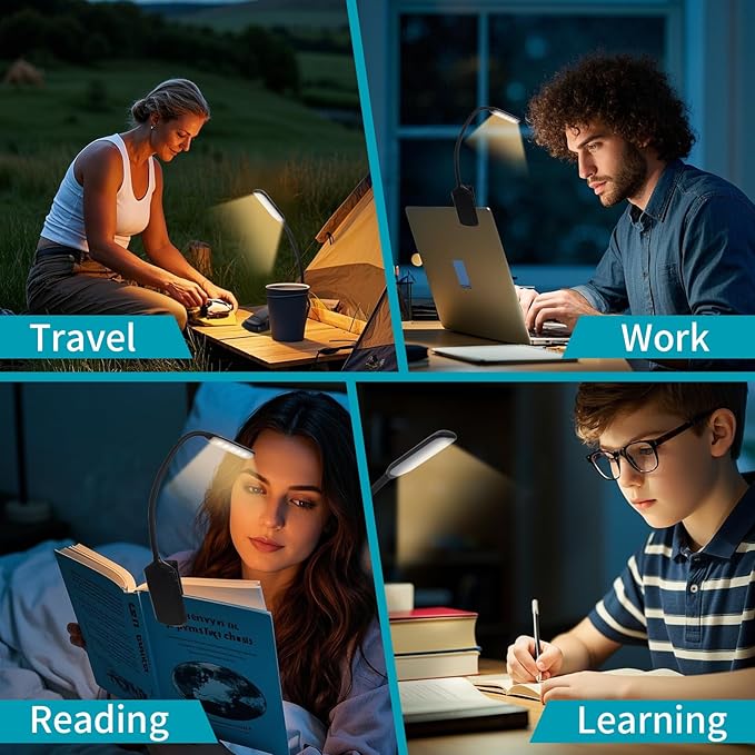9 LED Rechargeable Book Light for Reading in Bed - Eye Caring with 3 Color Temperatures, 80 Hrs Runtime, Lightweight Clip-On Light for Book Lovers(Black, Straight)
