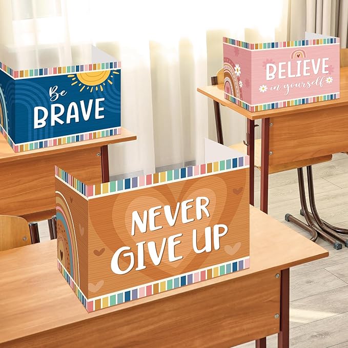 Affrolling 24 Pcs Inspirational Privacy Folders Bulk for Students Cardboard Privacy Boards Desk Divider Panel Waterproof Testing Divider for Classroom Back to School Study Supplies (Boho)