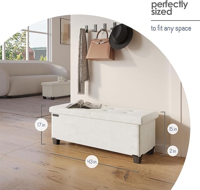 Storage Ottoman Bench with Bins, 43-in Storage Bench for Bedroom End of Bed, Folding Foot Rest Ottoman for Living Room Max 660lbs, Velvet Ottomans, Cream