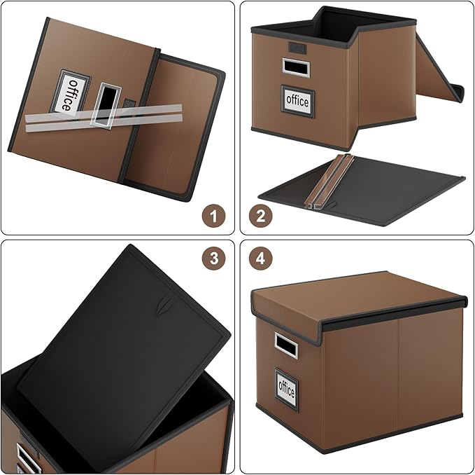File Organizer Boxes with Lids, Collapsible Faux Leather Hanging File Folder Box Organizer with Plastic Slide, Decorative Home/Office Filing System Boxes for File and Folders Storage