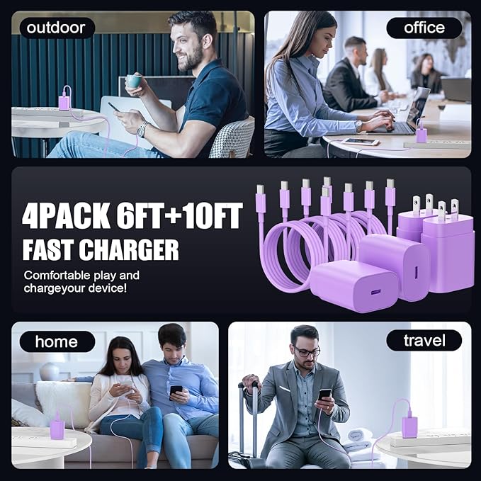 Essri Type C Charger Fast Charging for Samsung Galaxy S25/S24/S23/S22/Note 20,4Pack 25W Super USB C Fast Charger Block with (6ft+10ft) x2 Cables for iPhone 15/16 Pro Max/Plus, Android Phones-Purple