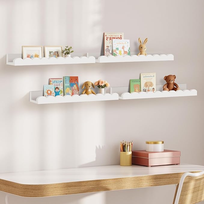 4-Pack Scalloped Shelves, Nursery Shelves for Wall, Floating Nursery Book Shelves for Kids, White