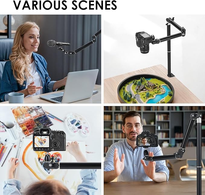 TARION Camera Desk Mount Overhead: Articulated Camera Arm Stand with Clamp 3/8'' 1/4'' Screws Adjustable Table Mount Flexible Gear Joints for DSLR, Phone, Projector TKA01-L (Upgraded Version)