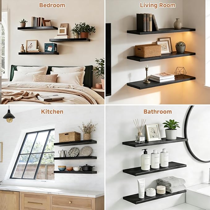 Assembly Easy Floating Shelves Set of 3,24 Inch Wall Mounted Wooden Shelf, Rustic Hanging Shelves for Home Decor, Books and Storage, Organizer for Bedroom,Small Bathroom,Kitchen,Black