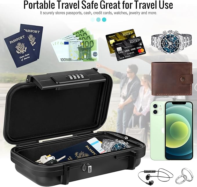 HUANLANG Portable Safe Lock Box with Combination Lock Mini Beach Travel Safe Waterproof Small Lockable Boxs with Removable Wire Rope Combination Lock Box for Dorm,Travel,Beach,Hotel,Car,Home,Office