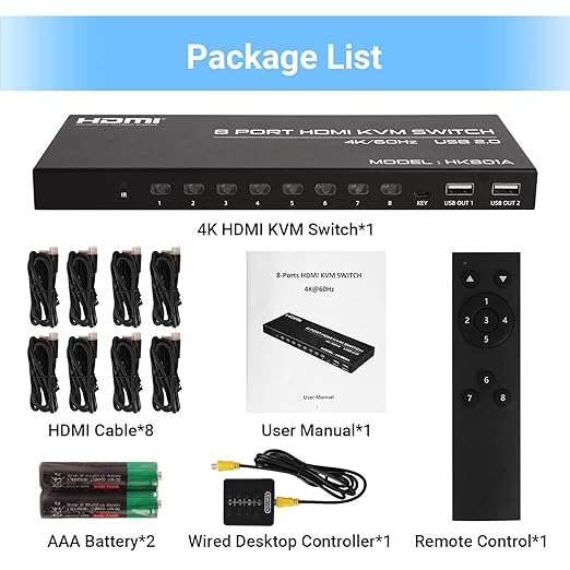 4K@60Hz HDMI KVM Switch 8 Port, HDMI KVM Switch for 8 PC Sharing 1 4K Monitor and 4 USB Devices, with Remote Control, Wired Desktop Controller and 8 KVM Cables