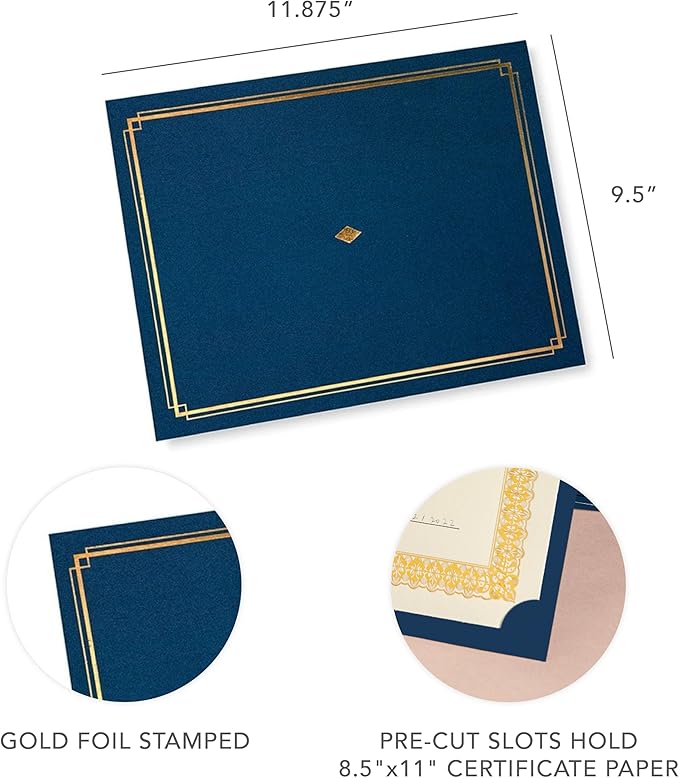 Gartner Studios Navy Blue with Gold Foil Detail Certificate Holders, Blue Award Holder, Navy Certificate Holder for Diploma, Fits 8.5" x 11" Documents, 36 Count (54516)