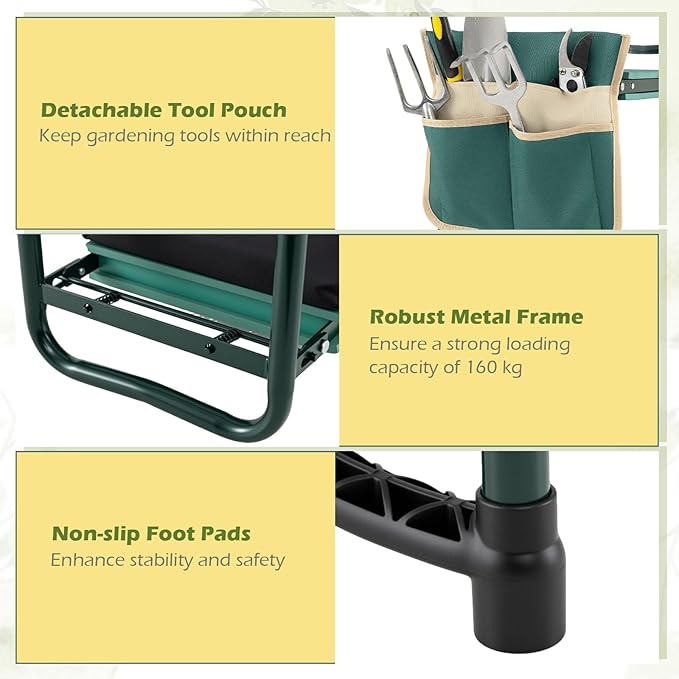 2-in-1 Garden Kneeler and Seat, Folding Garden Seat w/EVA Foam Kneeling Pad & Removable Tools Pouch, Sturdy Steel Frame, No Assembly, Portable Heavy Duty Garden Stool for Women Men Seniors